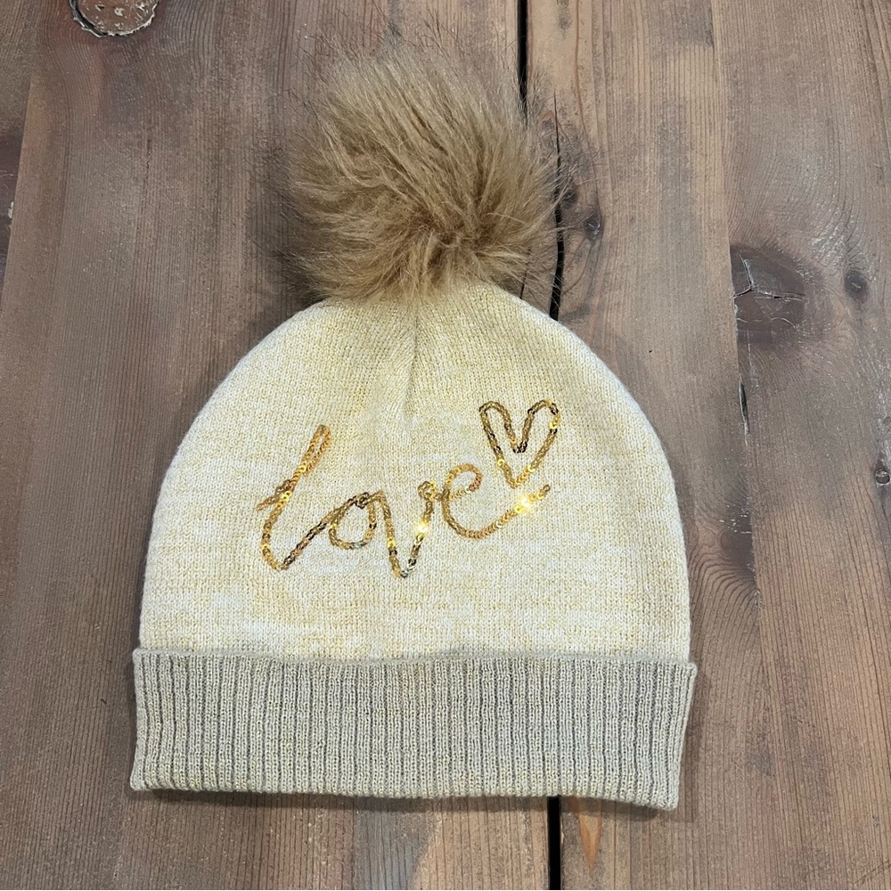 Kids' Cream Pom-Pom Beanie with Gold Accents